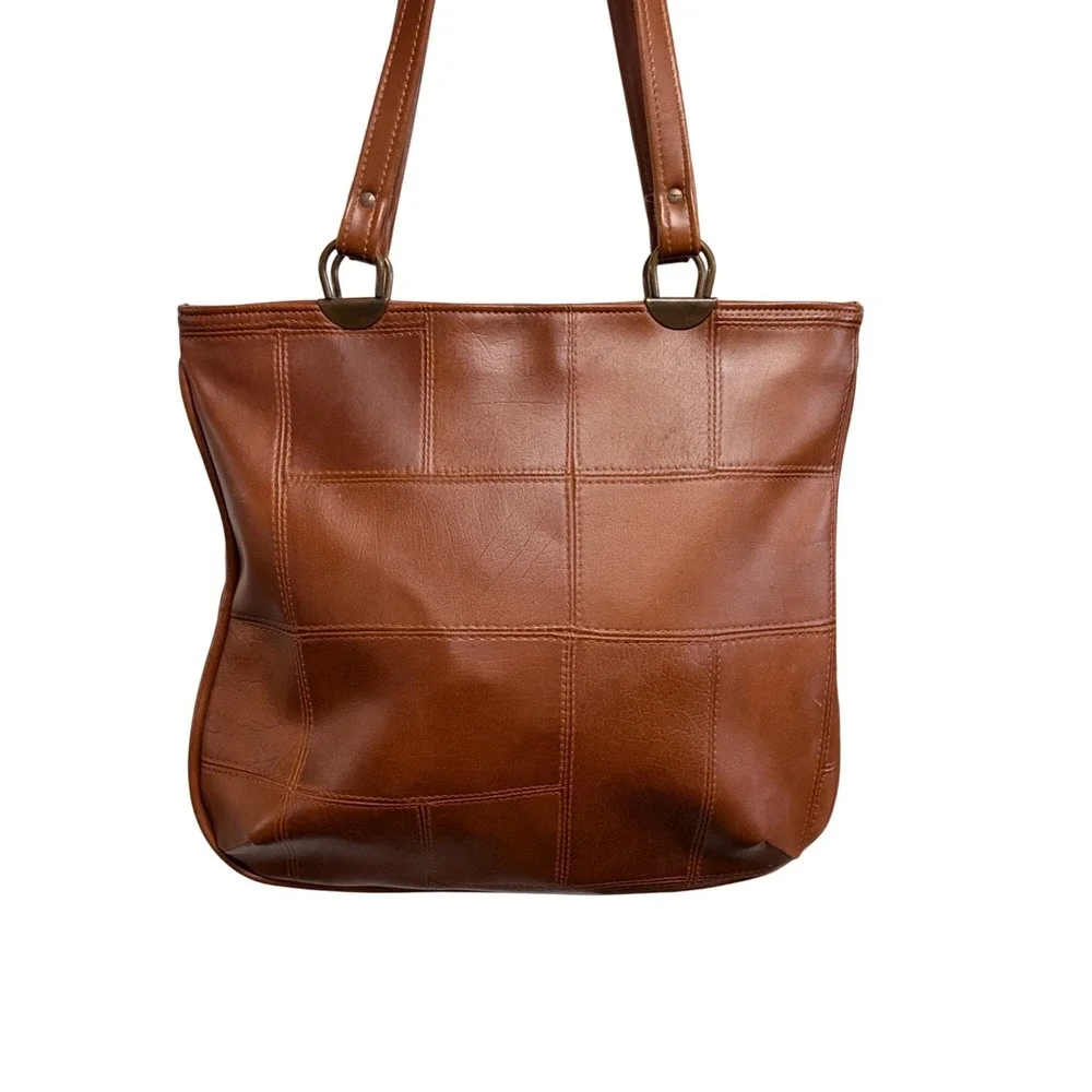 Vintage Patchwork Vegan Leather‎ Tote Purse Bag Tan Retro Minimalist Boho